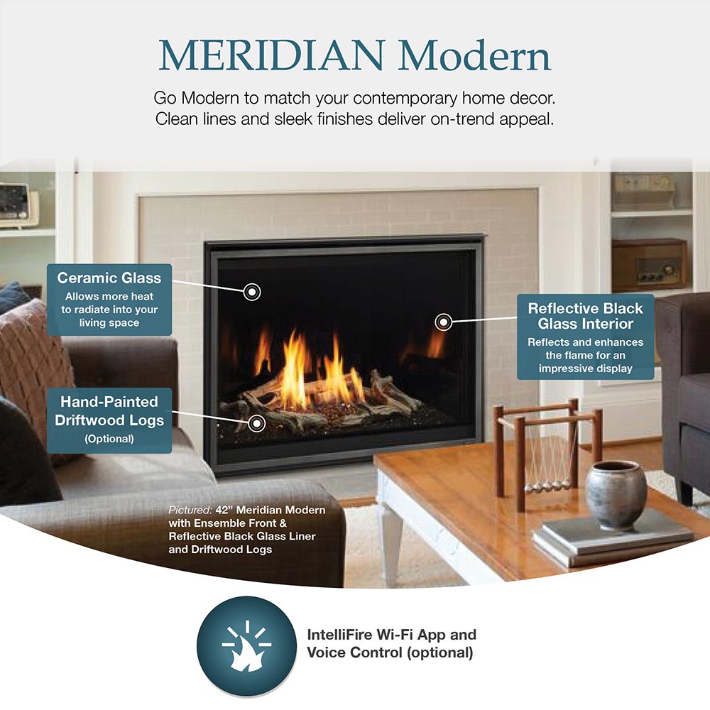 Direct vent gas fireplace with reflective black glass interior and hand-painted driftwood logs