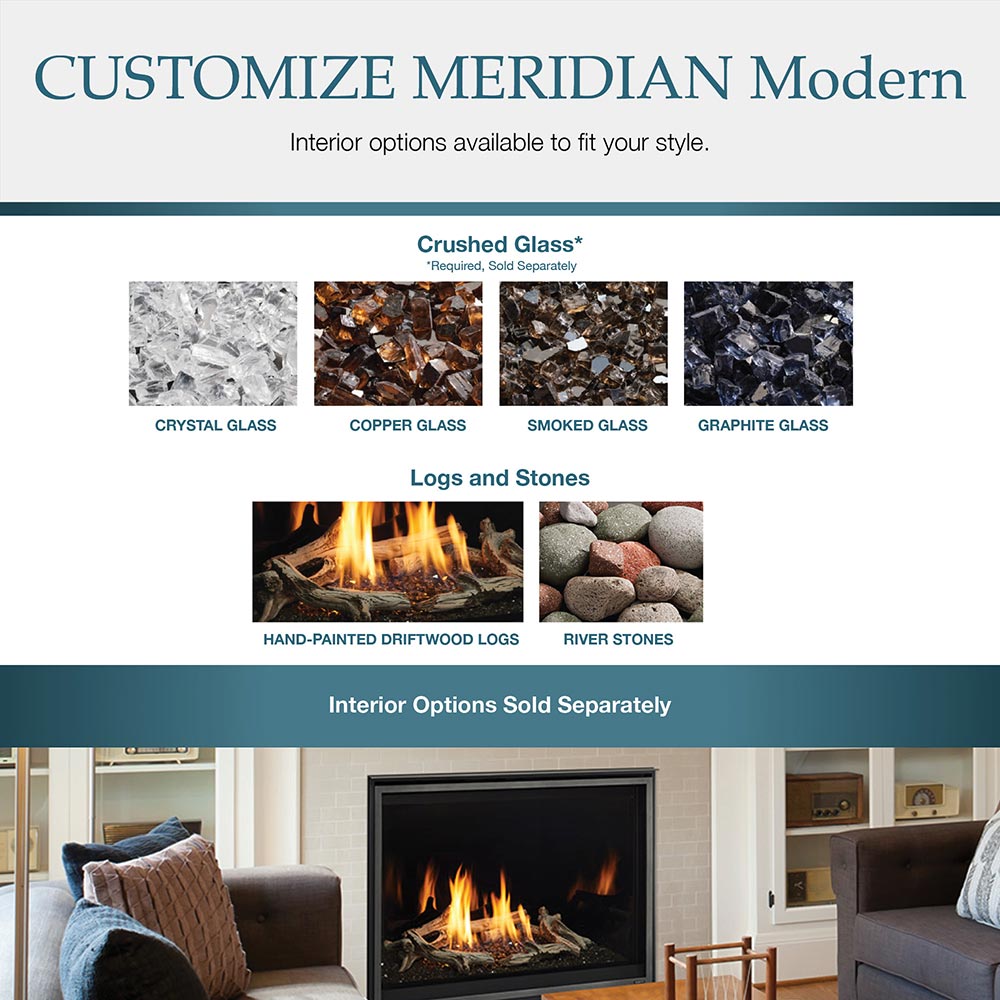 Modern direct vent gas fireplace interior option chart with crushed glass and logs