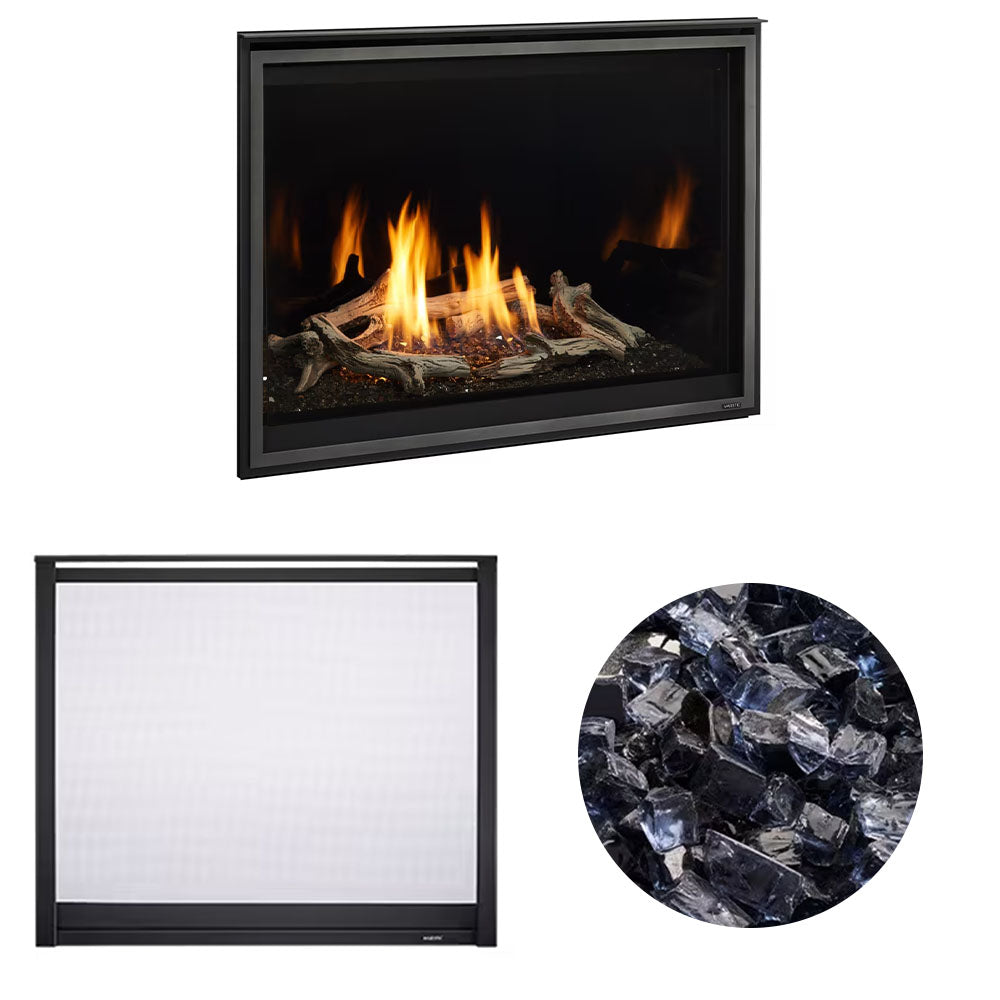 Black direct vent natural gas fireplace with smoked crushed-glass ember media