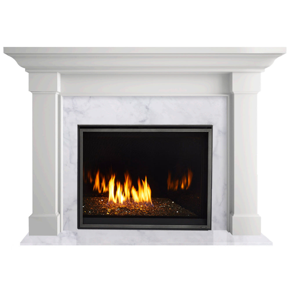 White flush wood fireplace mantel with black firebox and visible flames