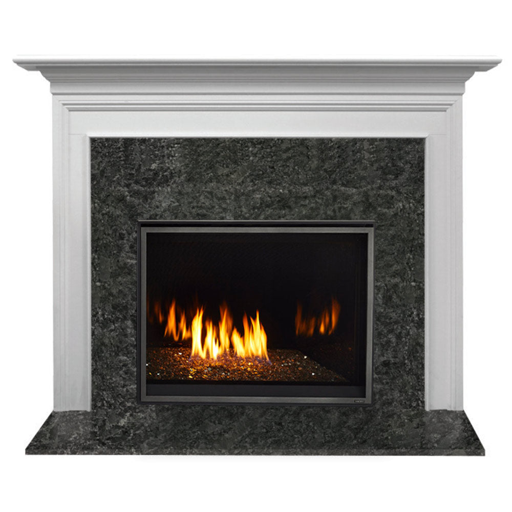 White primed MDF mantel with black direct-vent fireplace insert and glowing gas flames