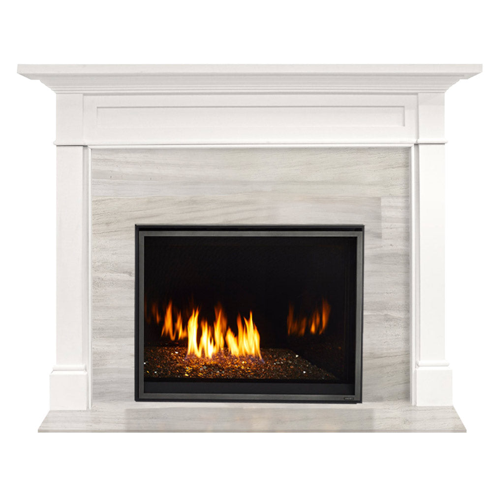 Primed MDF fireplace mantel with black firebox and natural gas flame view
