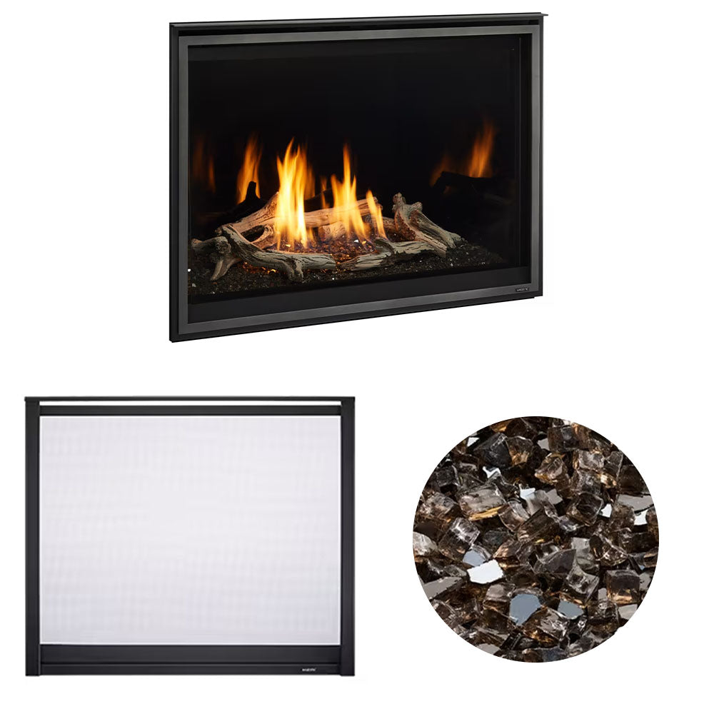 Black direct-vent gas fireplace with flames; smoky brown crushed-glass ember media sample