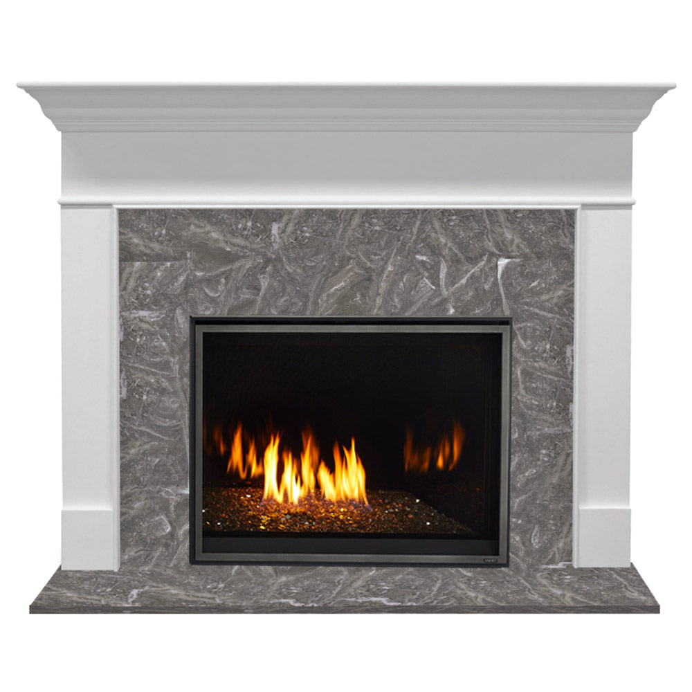 White flush mantel fireplace with grey stone surround and black firebox, showing flames