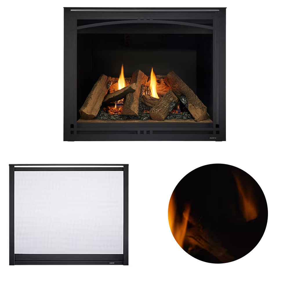36-inch direct vent gas fireplace with black front, glowing logs, reflective black glass window detail