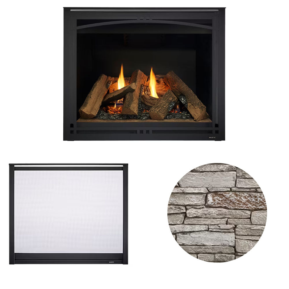 36-inch direct vent gas fireplace with black front, glowing logs, gray stone brick panel inset