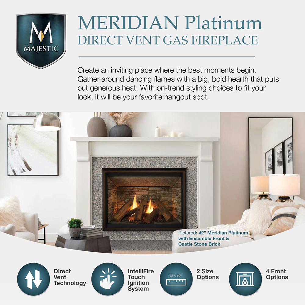 Direct vent gas fireplace marketing graphic with flame window and feature icons