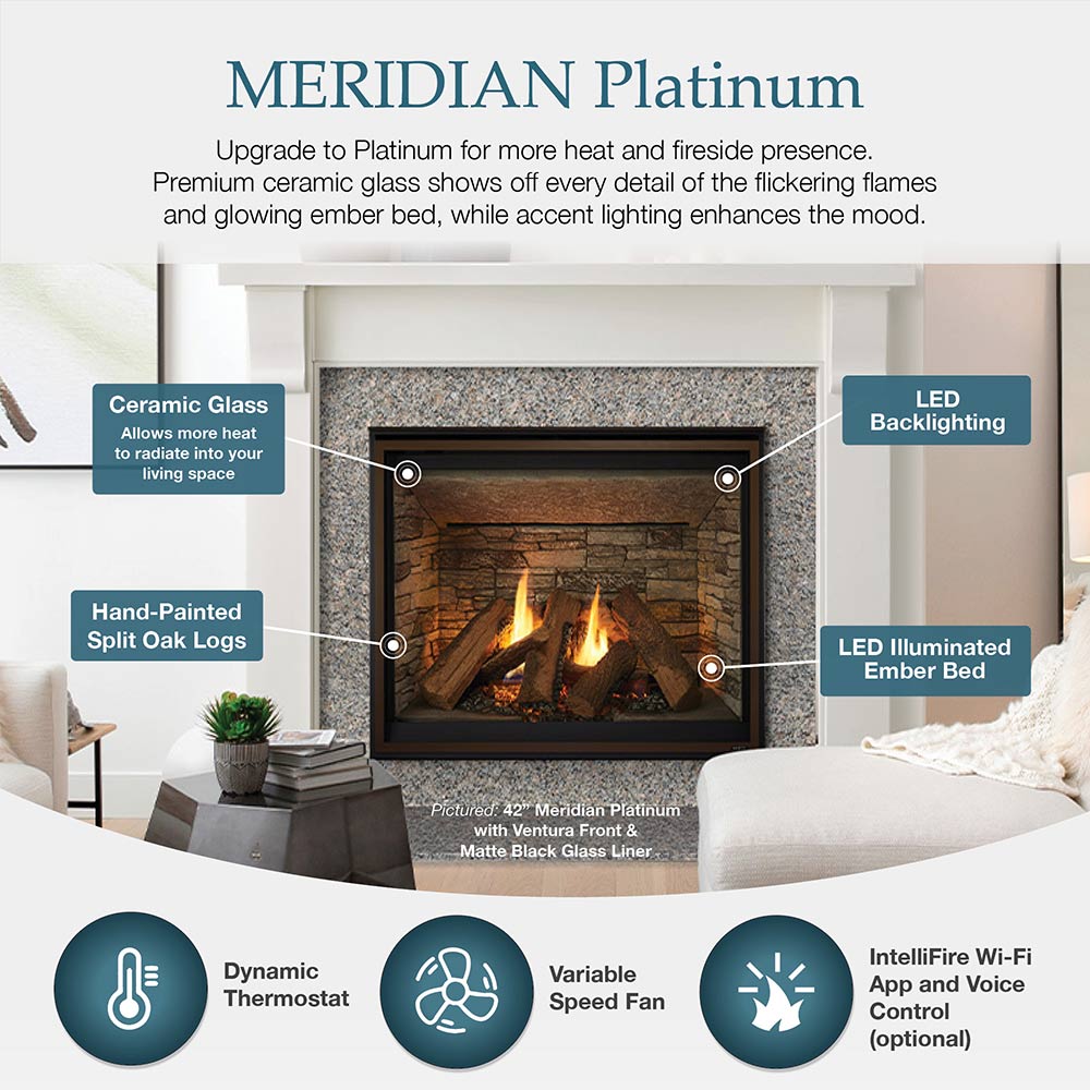 Direct vent gas fireplace feature graphic with LED backlighting and ember illumination
