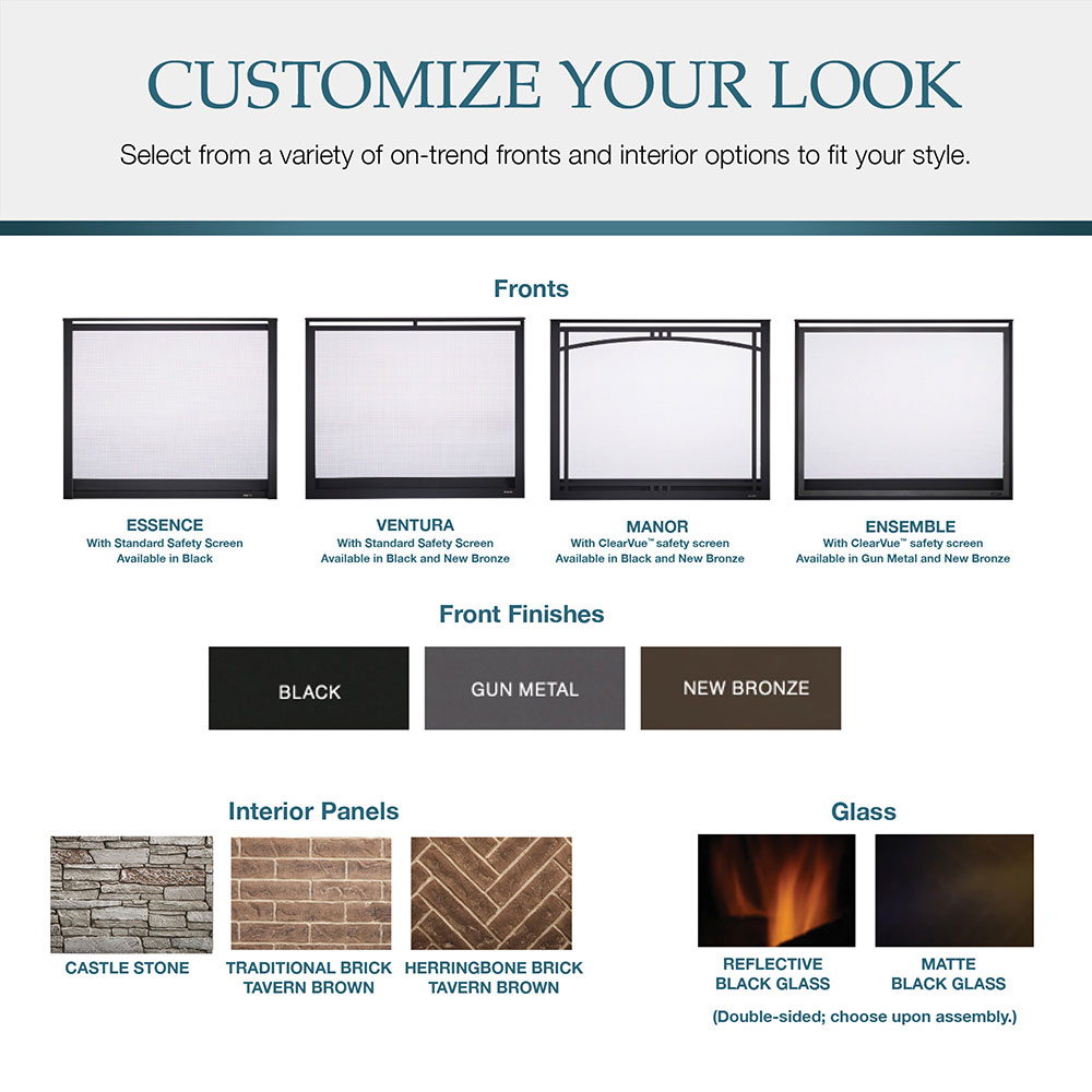 Fireplace customization chart showing front options and interior panel choices