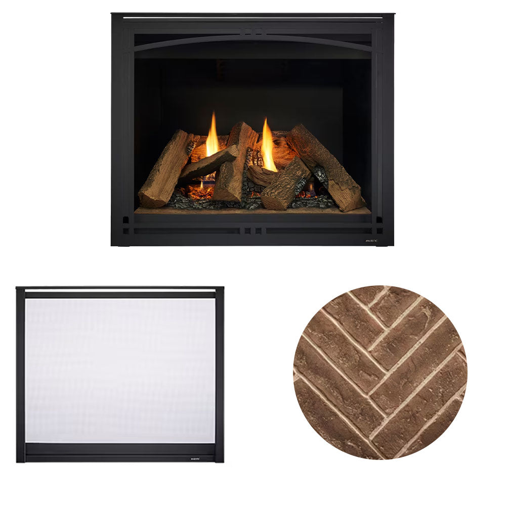 36-inch direct vent gas fireplace with black front, glowing logs, tan herringbone brick panel inset