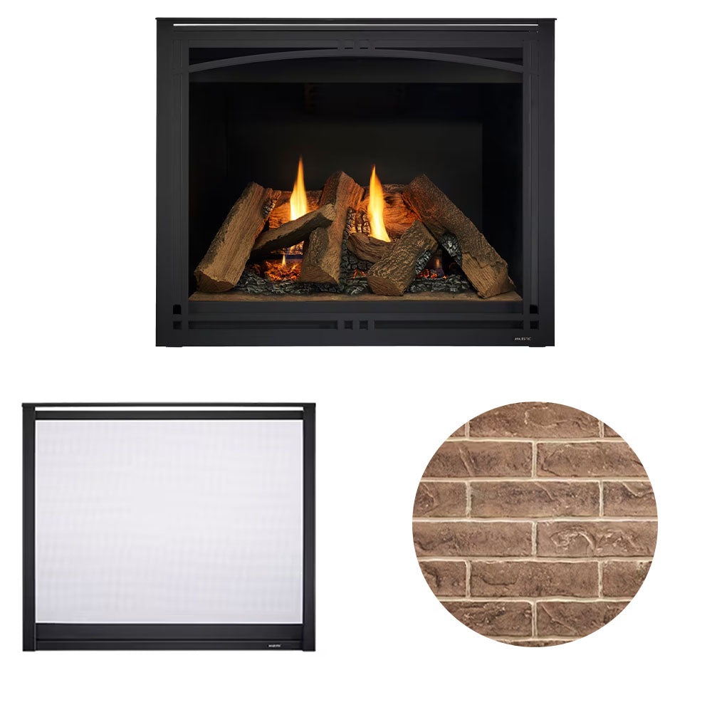 36-inch direct vent gas fireplace with black front, glowing logs, brown traditional brick panel inset