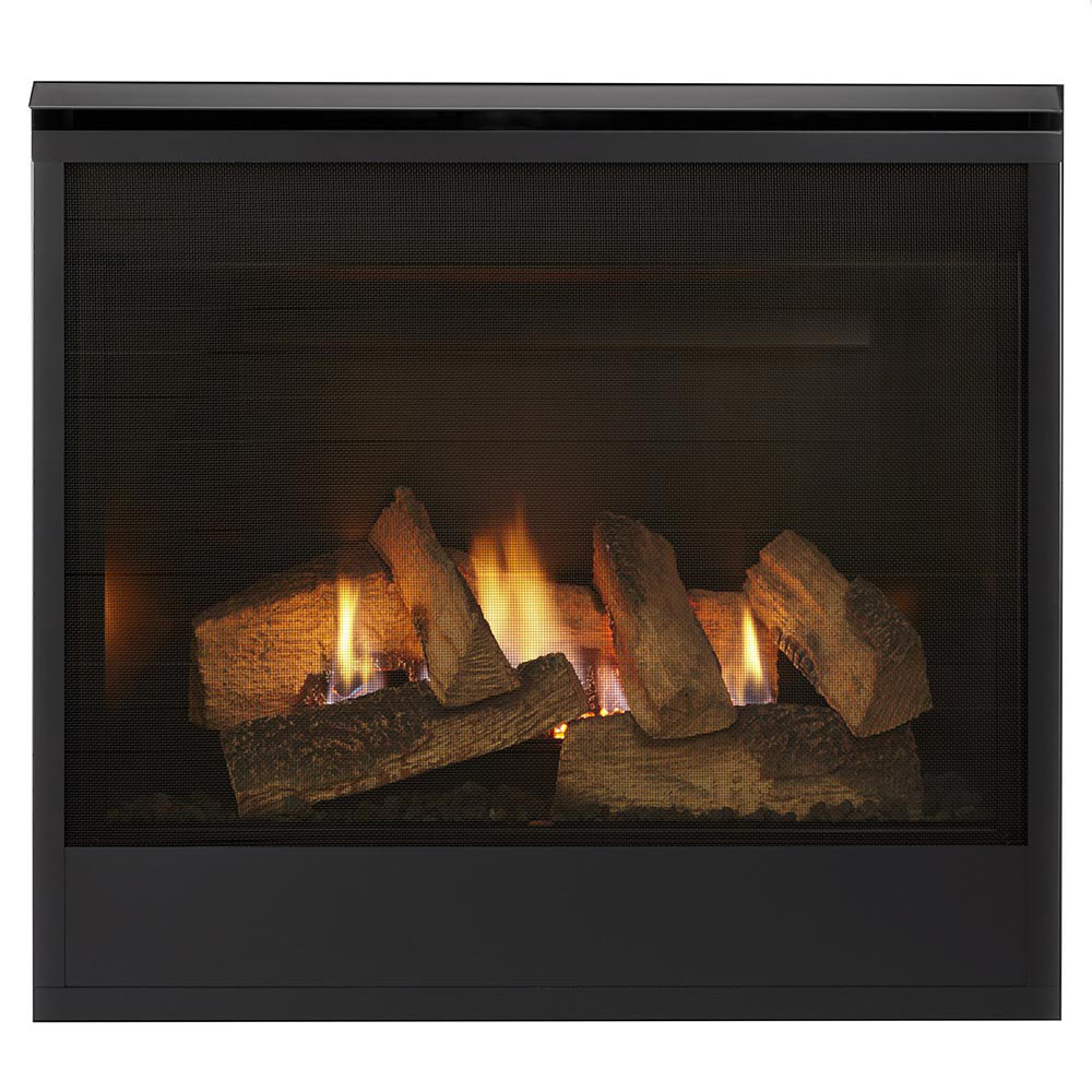 Direct vent gas fireplace front with glowing logs behind dark glass