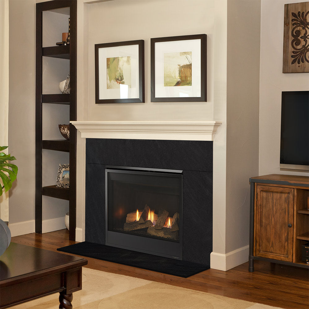 Direct vent gas fireplace with flame display in a black framed mantel opening