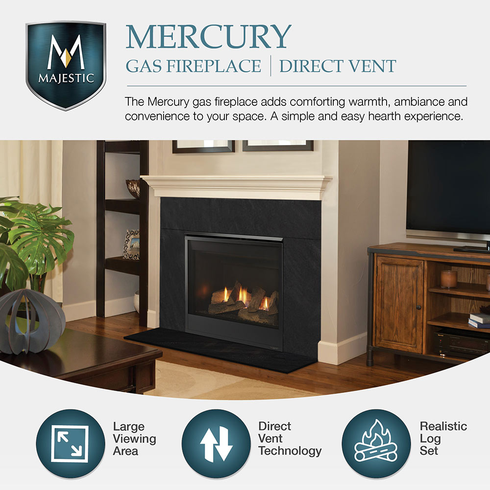 Direct vent gas fireplace with flame view and sleek black surround