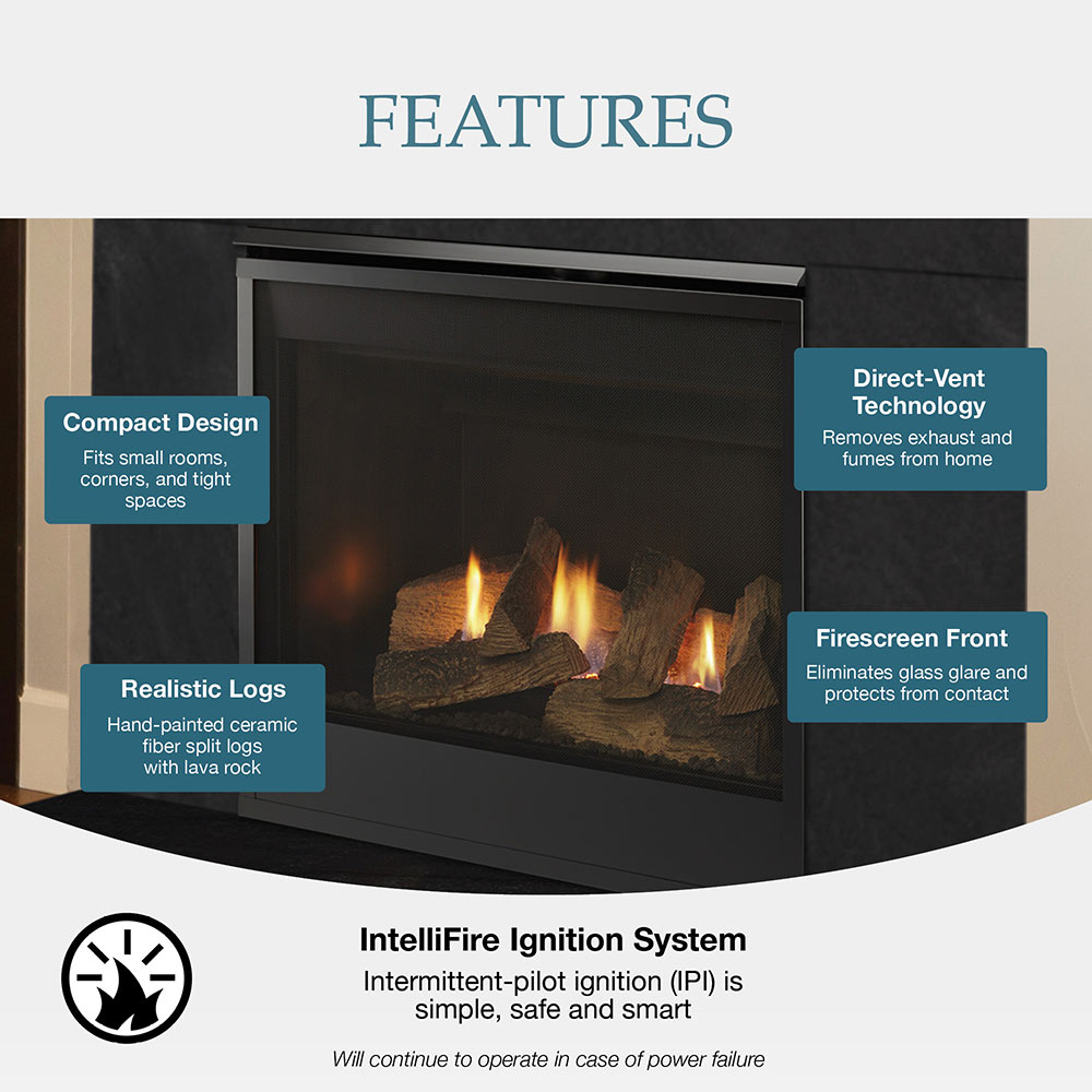 Direct vent gas fireplace front with realistic log set and glowing flames