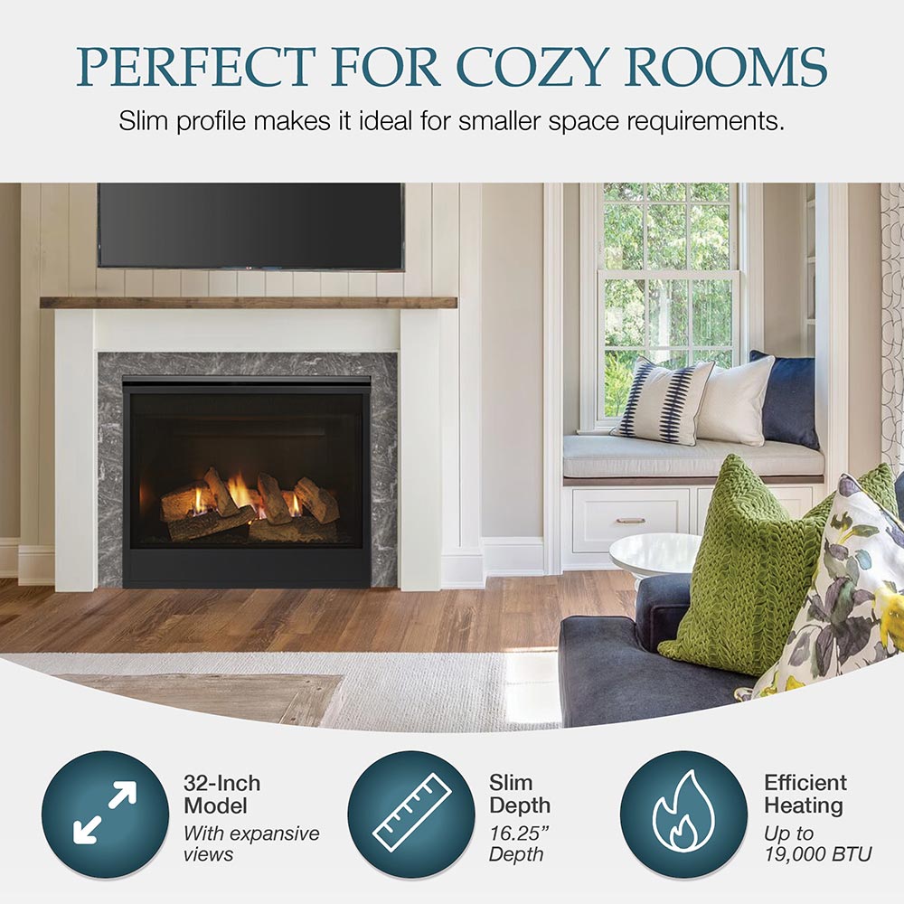 Direct vent gas fireplace with black surround and flame view in a living room