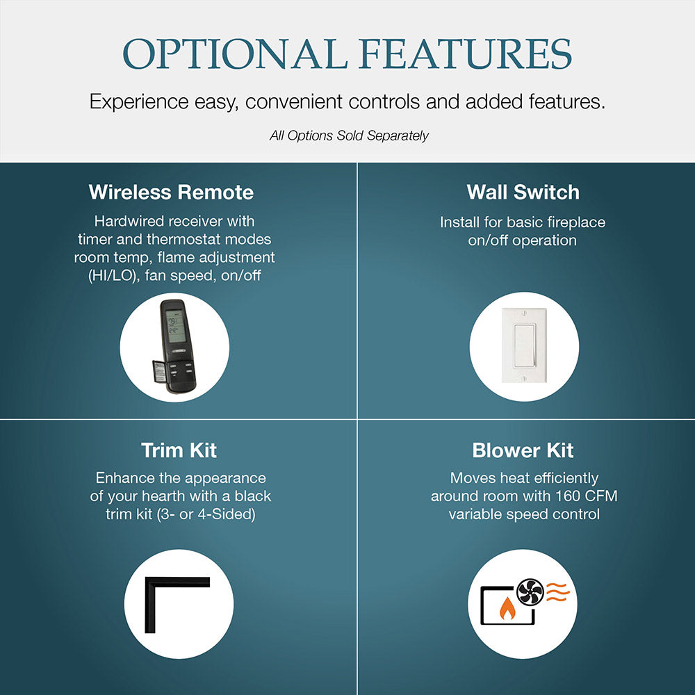 Gas fireplace optional feature icons: remote, wall switch, trim kit, blower kit