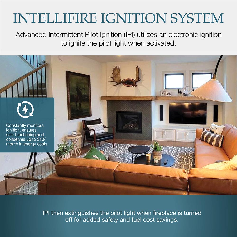 Direct vent gas fireplace with flame display and intellifire ignition icon