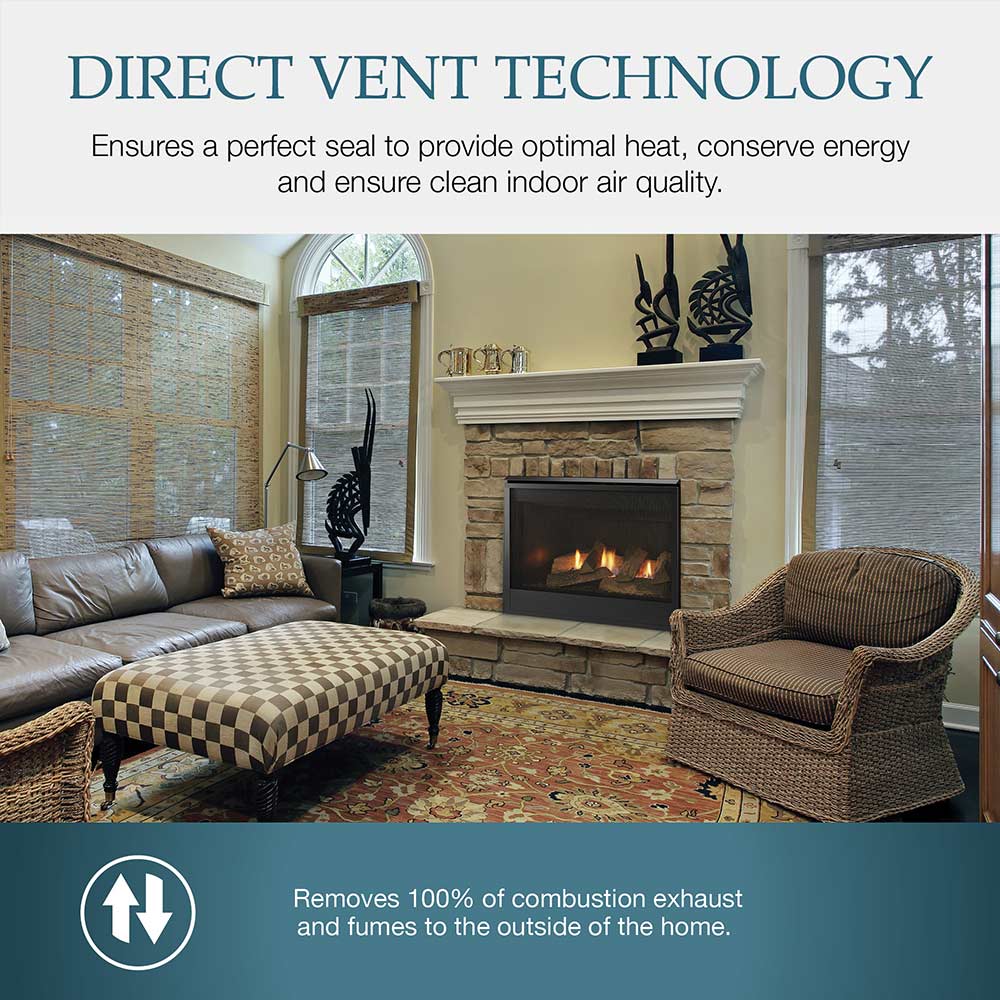 Direct vent gas fireplace with flame view in front of a stone hearth