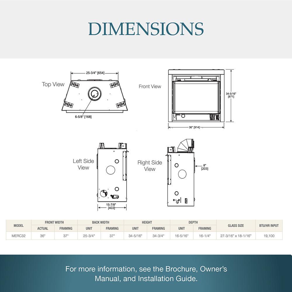 Gas fireplace dimensions diagram with front, side, and top view outlines