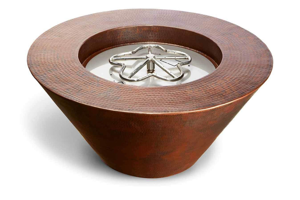 Hammered copper gas fire bowl with round basin and stainless burner grate
