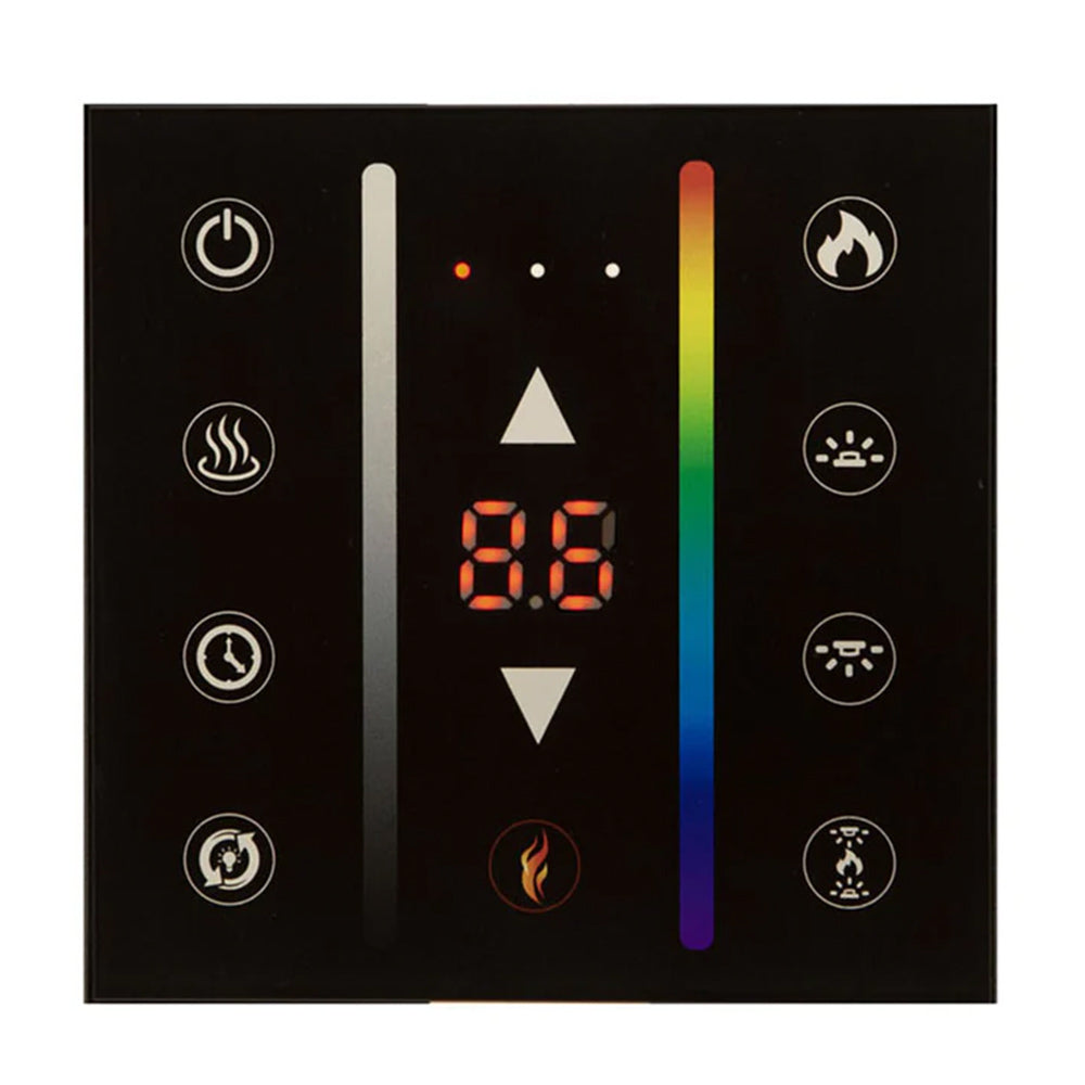 Black wireless thermostat control panel with icons and LED temperature bar display