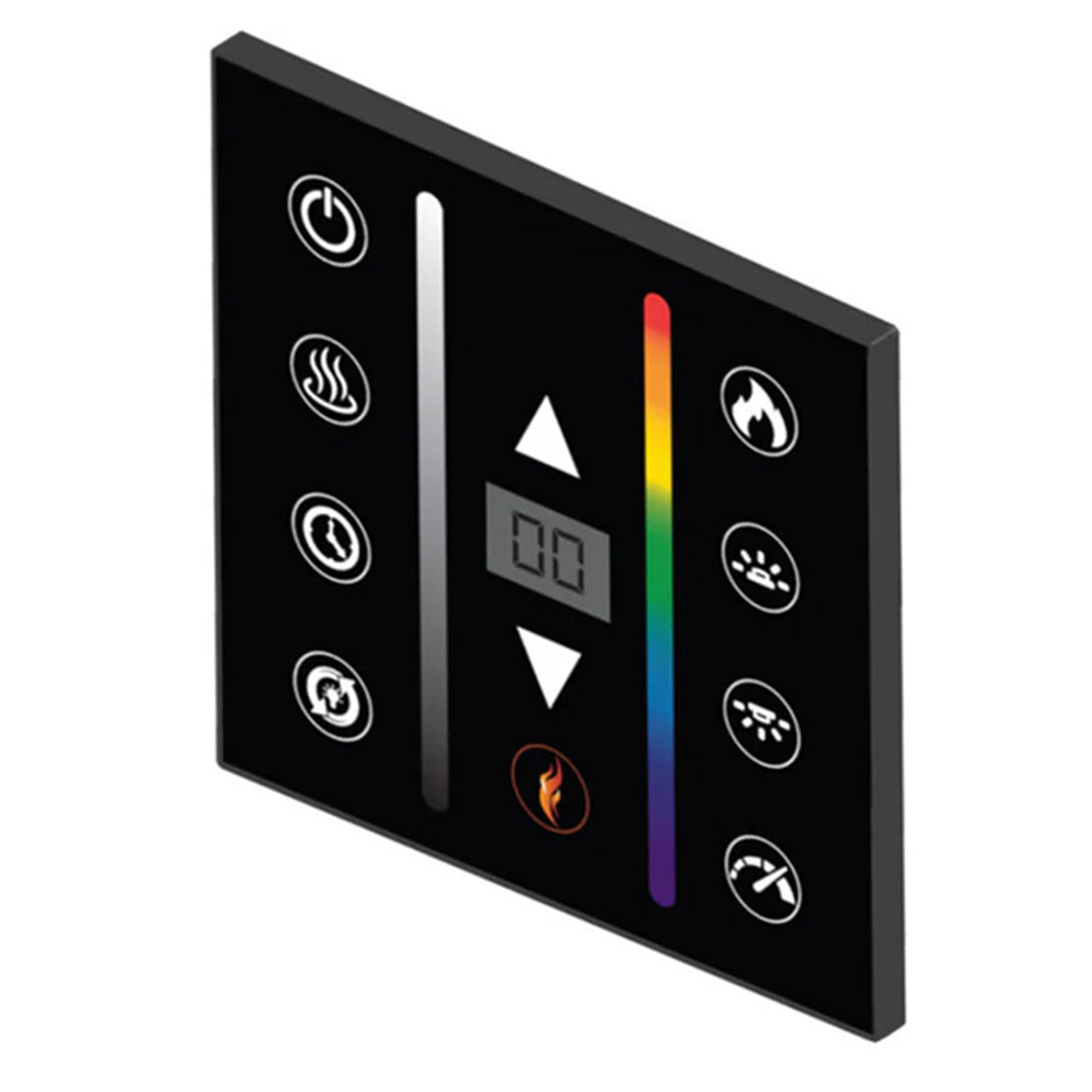 Black wall control thermostat panel with icon buttons and multicolor LED bar
