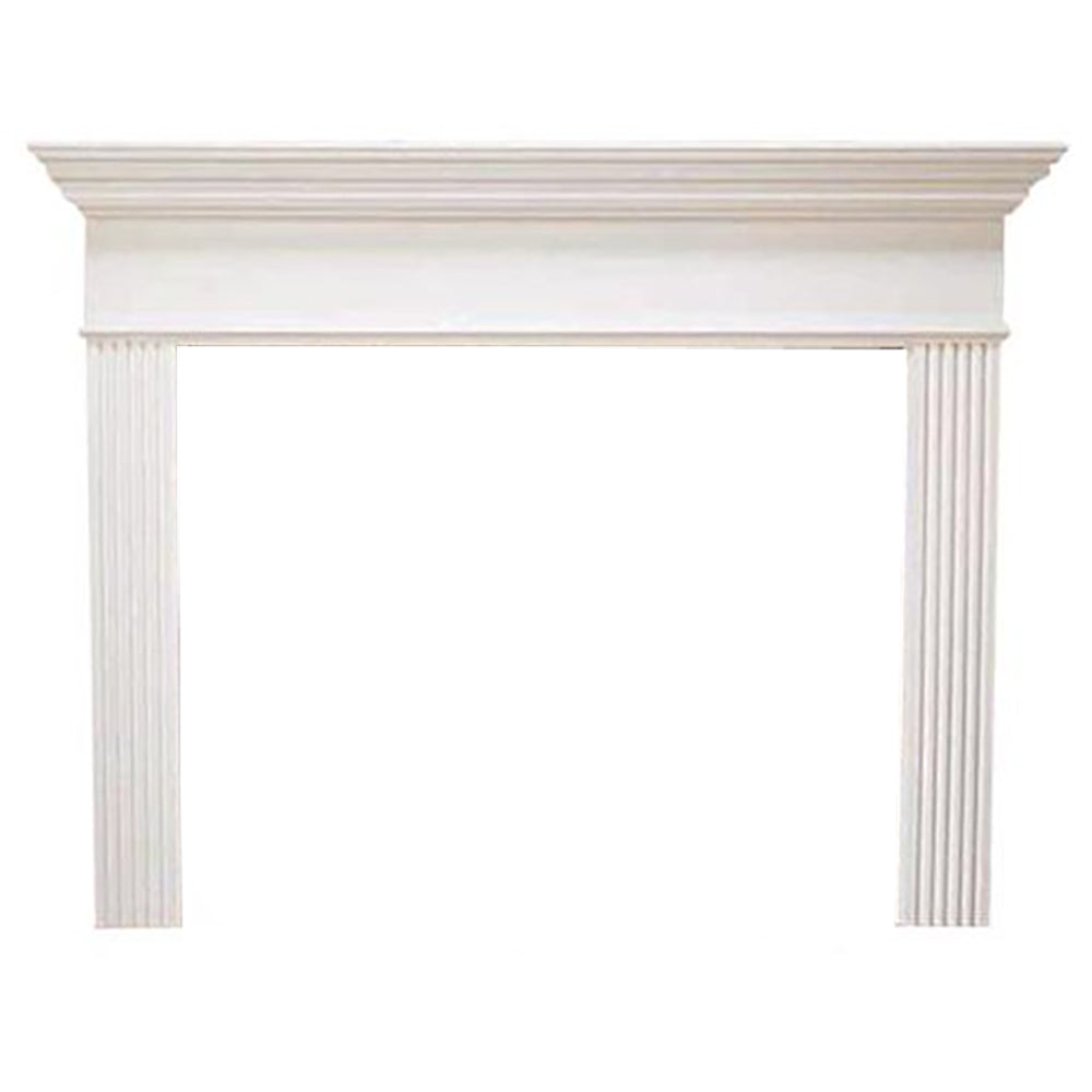 Profile fireplace mantel with top molding and fluted side columns, primed wood