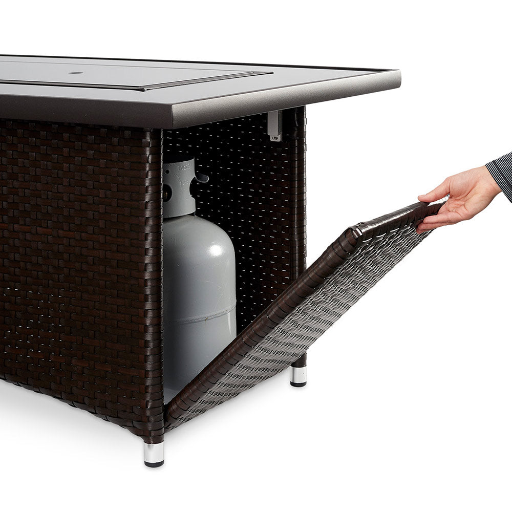 Outdoor fire table base with removable tank access panel and woven dark brown frame