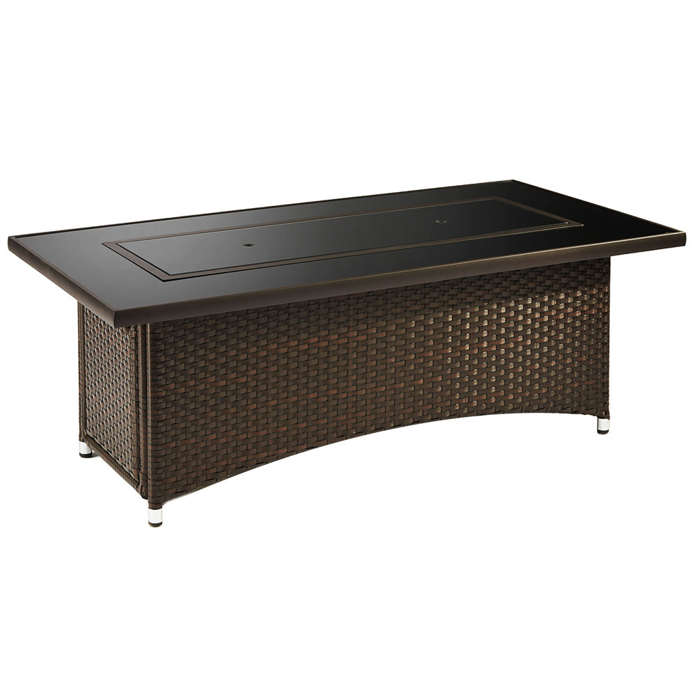 Outdoor gas fire table with dark burner insert and woven dark brown cabinet, front view