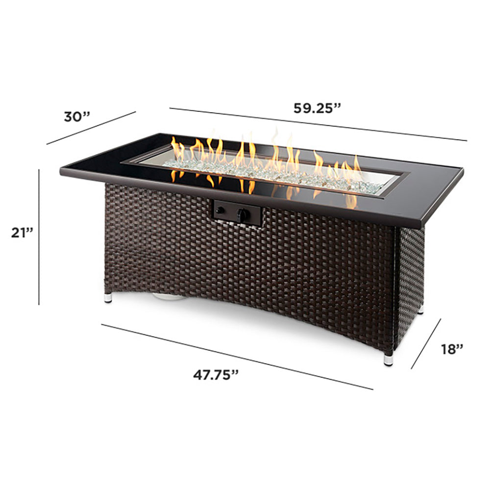 Outdoor gas fire table size: 30 in W x 59.25 in L, woven dark brown frame