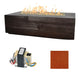 Linear concrete gas fire table with dark wood-look finish, flames, and orange color swatch