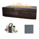 Linear concrete gas fire table with dark wood-look finish, flames, and gray color swatch