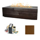 Linear concrete gas fire table with dark wood-look finish, flames, and tan color swatch