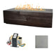 Linear concrete gas fire table with dark woodgrain finish; control module and gray finish swatch