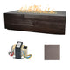 Linear concrete gas fire table with dark woodgrain finish; control module and taupe finish swatch