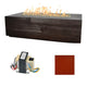Linear concrete gas fire table with dark woodgrain finish; control module and red terracotta swatch