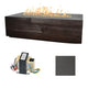 Linear concrete gas fire table in dark walnut with visible flames, rectangular burner