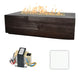 Linear concrete gas fire table in dark walnut with flames; ignition control module shown