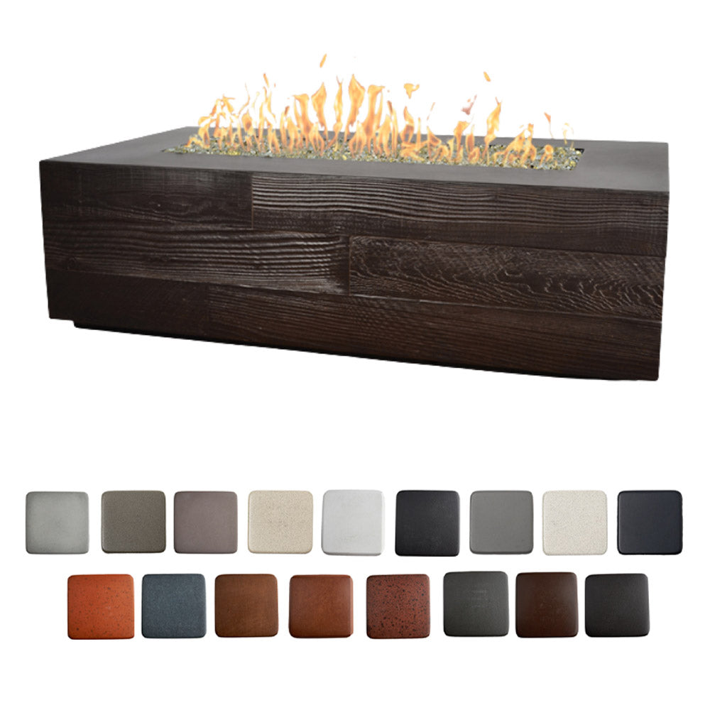 Linear concrete gas fire table with dark wood-grain finish and burning flames