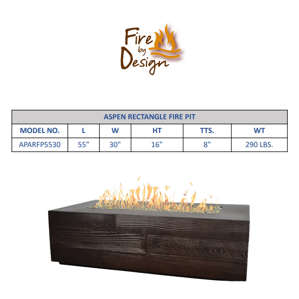 Aspen rectangle fire pit specs with dark wood-grain concrete gas fire table and flames
