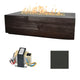 Linear concrete gas fire table with dark wood-look finish, flames, and dark charcoal color swatch