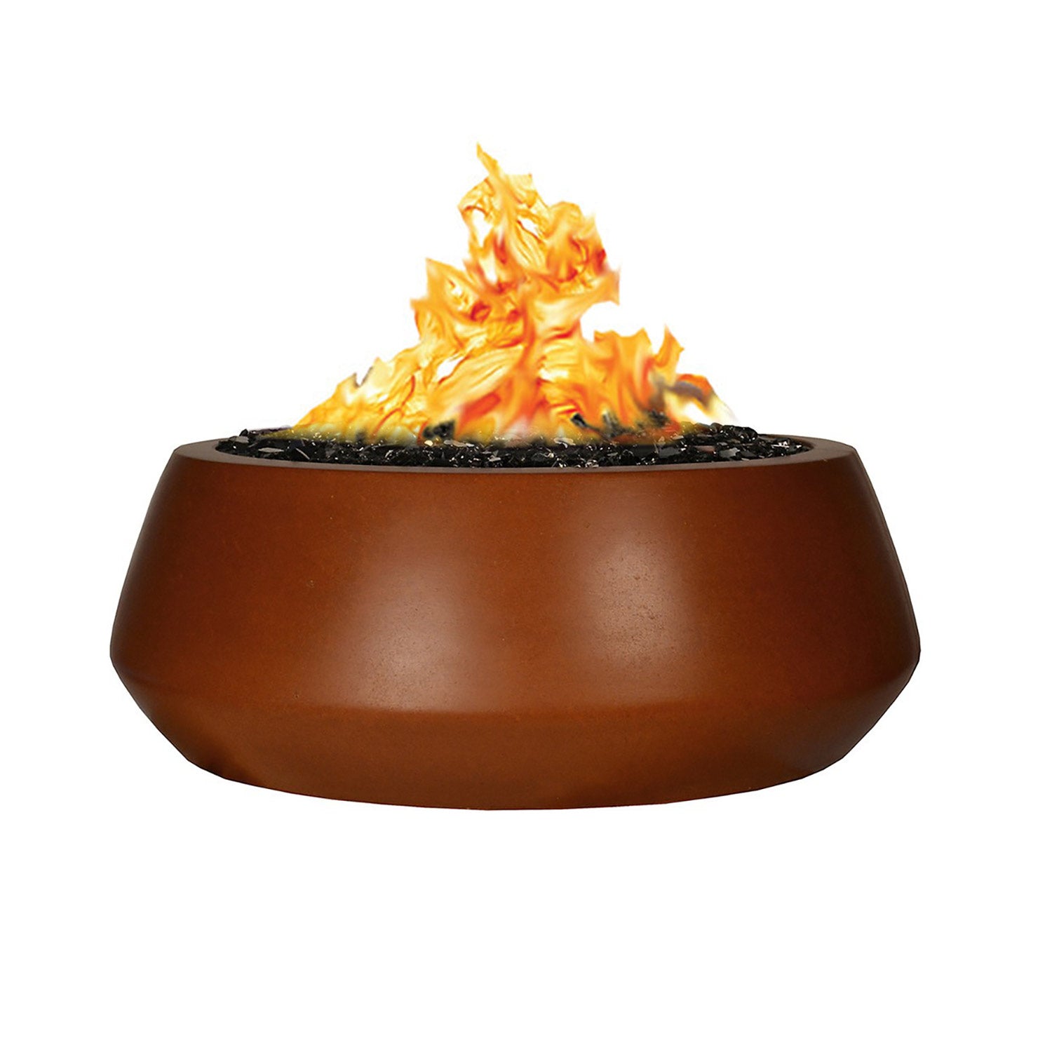 Brown fire bowl with burning flames and black top ring