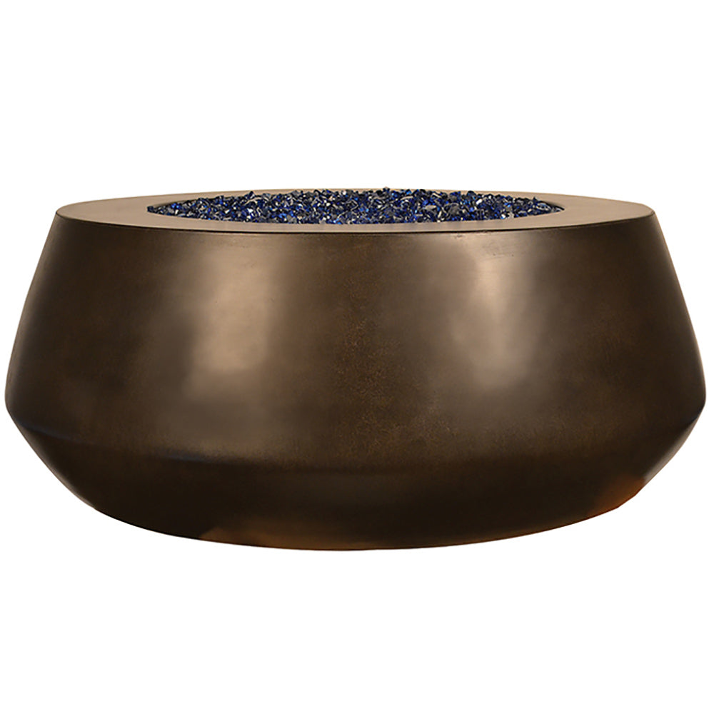 Round fire pit table with blue glass fire bowl insert and wide metal base
