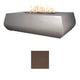 Linear concrete gas fire table with flames; gray finish with dark walnut color swatch
