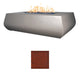 Linear concrete gas fire table with flames; gray finish with burnt terra cotta swatch