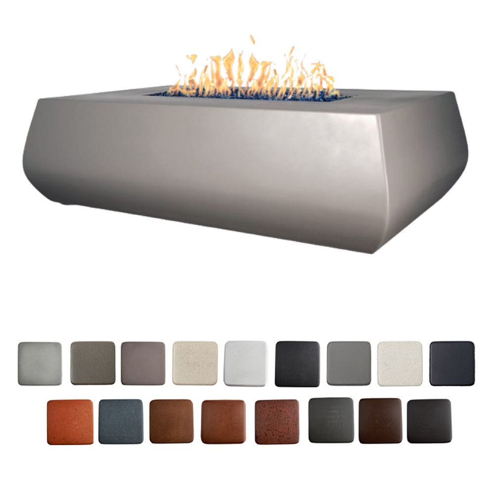 64-inch linear concrete gas fire table with gray finish and visible flame burner