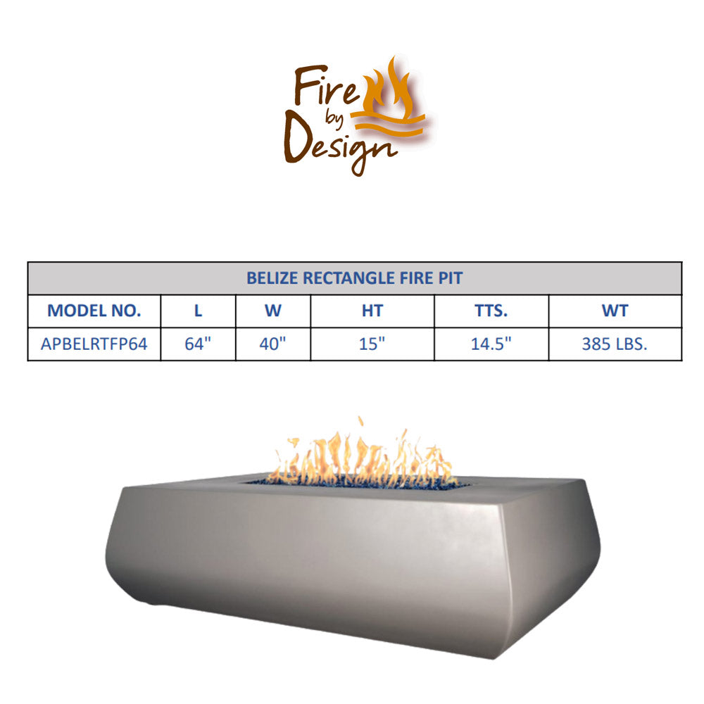 Linear concrete gas fire table with flame, plus size specification chart