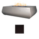 Linear concrete gas fire table with flames; gray finish with dark slate color swatch