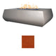 Linear concrete gas fire table with flames; gray finish with deep amber color swatch
